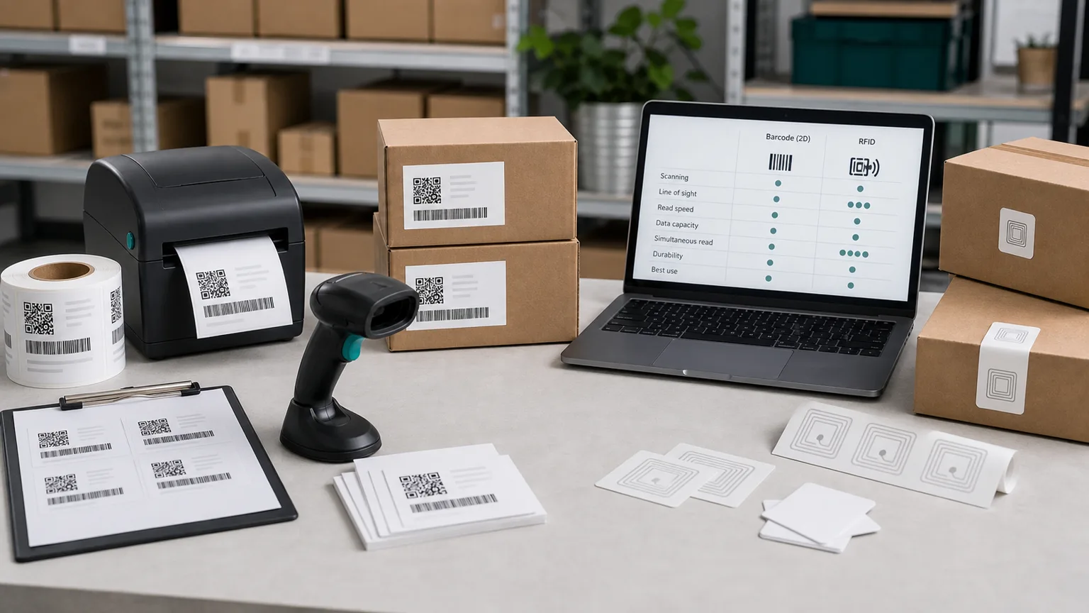 Workbench comparing barcode scanning hardware, 2D labels, RFID tag samples, and a laptop