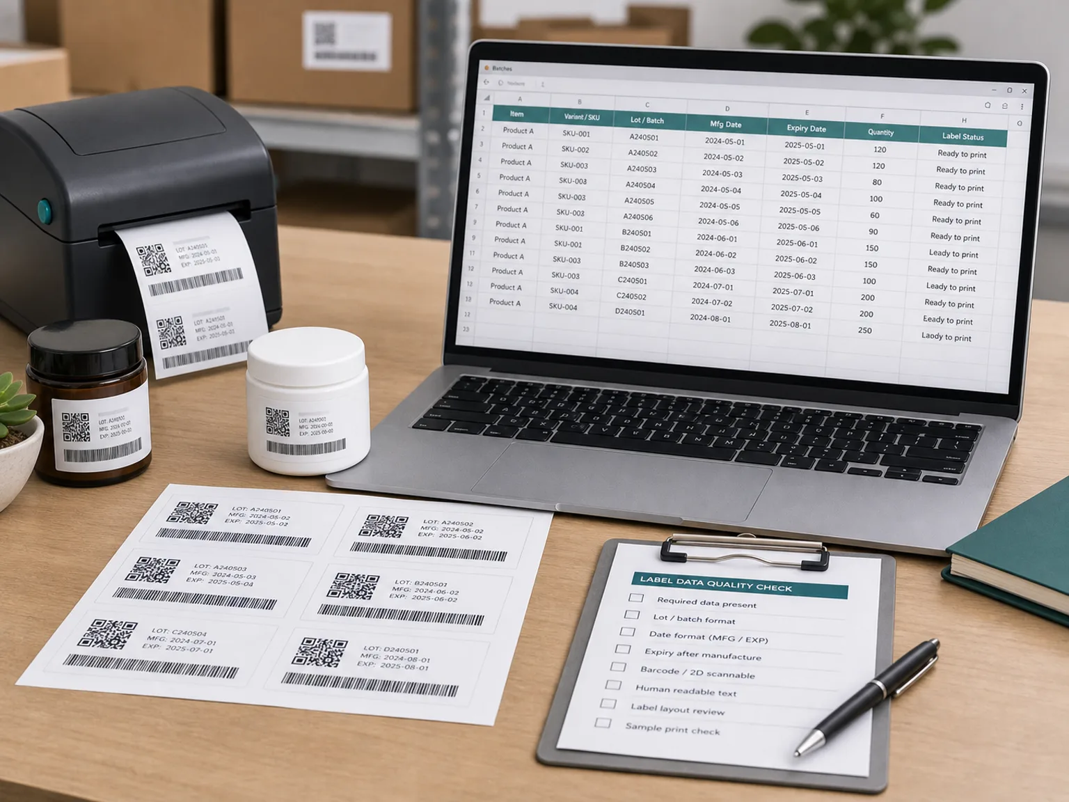 Variable batch and expiry label data quality check with laptop spreadsheet, product containers, printed label proofs, and checklist