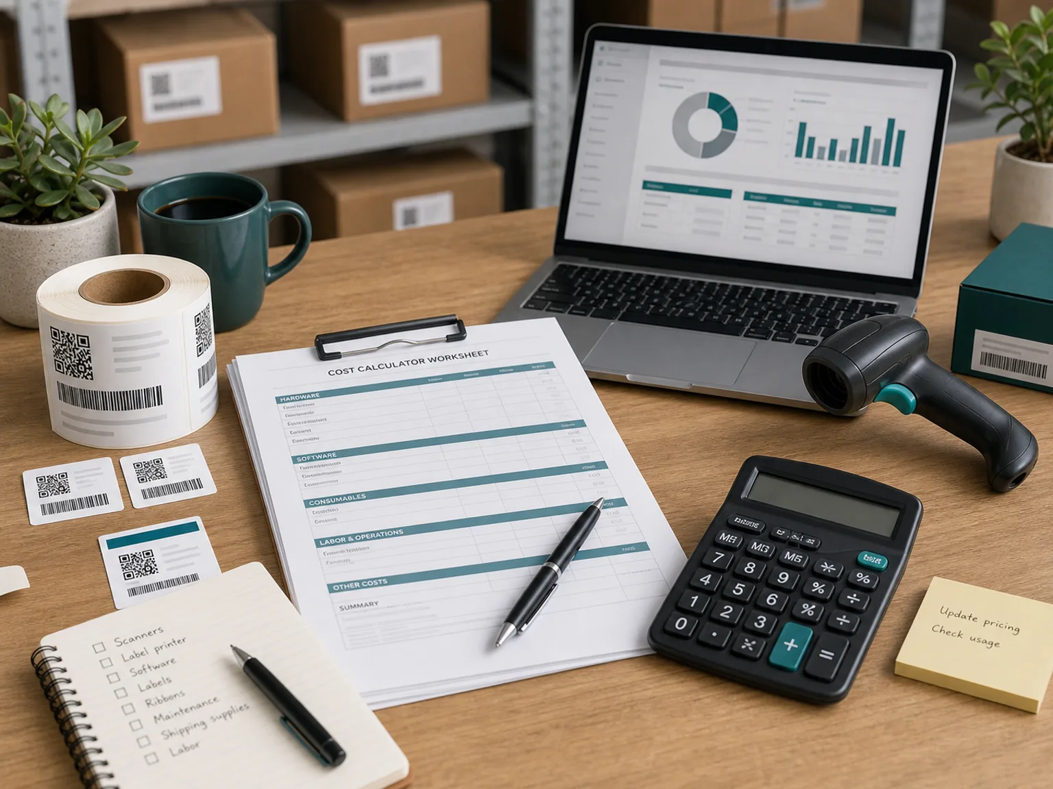 Barcode starter kit budget planning desk with calculator, worksheet, scanner, label roll, laptop charts, and sample labels