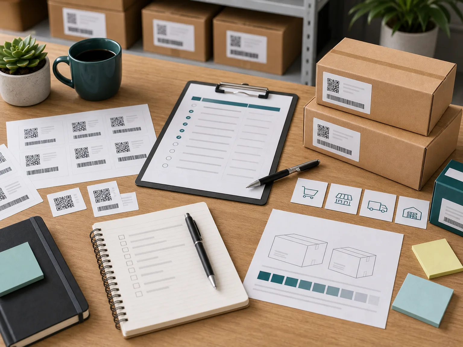 Generic channel and packaging readiness audit desk with cartons, label proofs, checklist, and planning icons