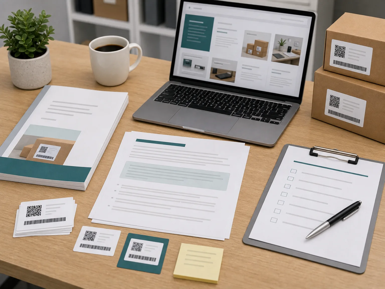 Independent educational barcode readiness resource desk with guide materials, sample labels, checklist, and laptop resource page