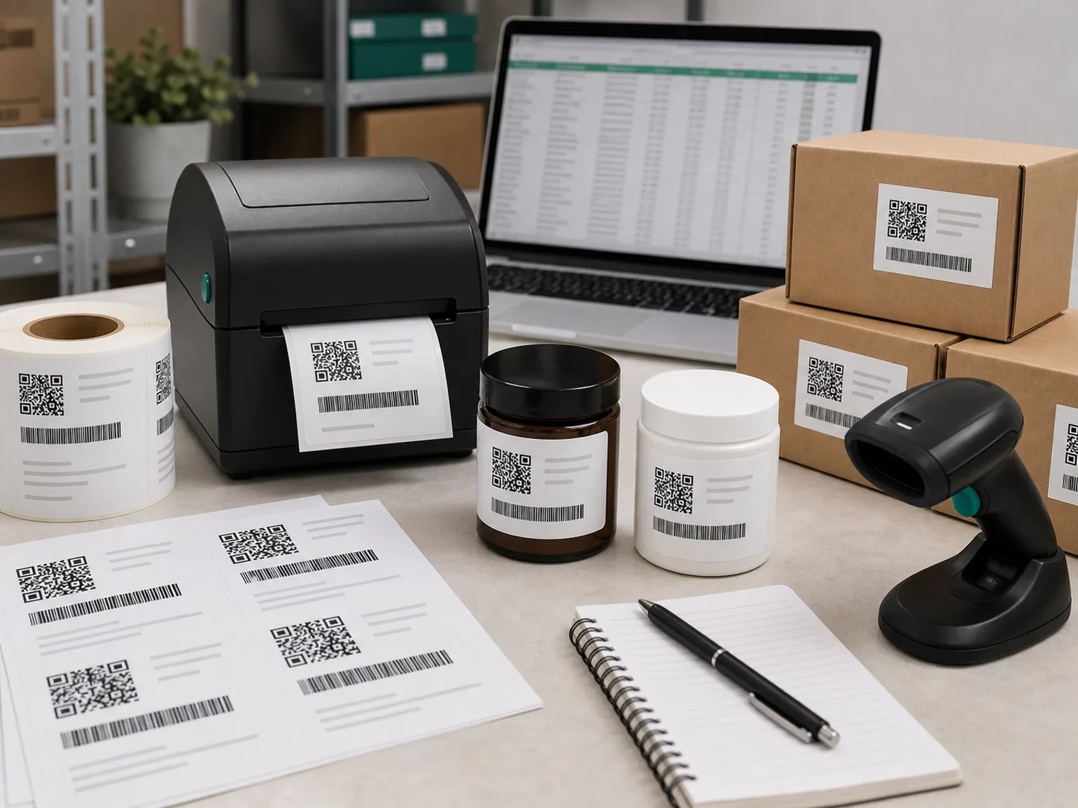 Batch and expiry labeling workflow with 2D barcode labels, product jars, cartons, scanner, and printer