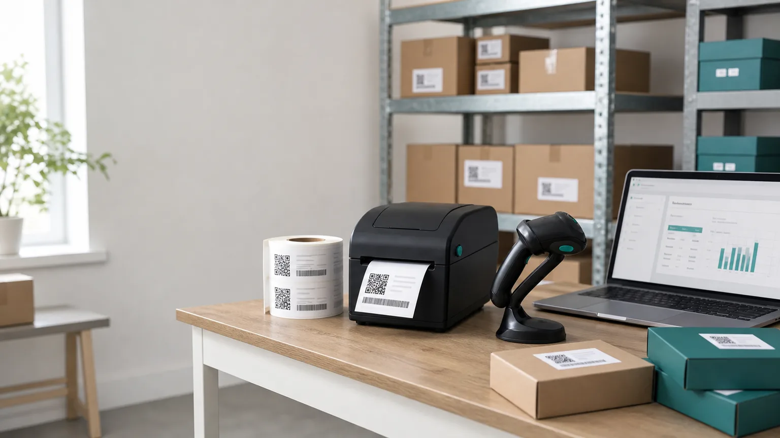 A small warehouse barcode readiness audit with scanner, thermal printer, laptop, labels, and cartons