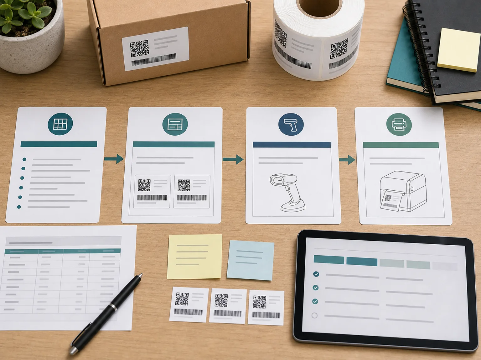 Workflow mapping board showing SKU data, label format, scanner, and printer planning cards with sample labels