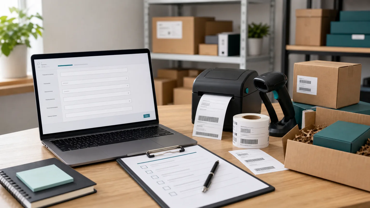 Recommendation request workspace with laptop form, checklist, scanner, label roll, printer, and product boxes