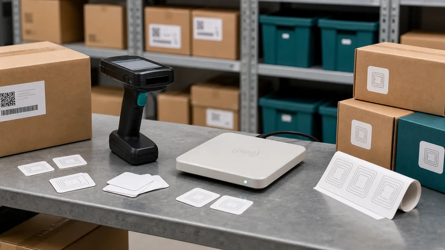 Warehouse shelf RFID evaluation setup with reader pad, RFID tag samples, labeled cartons, and storage bins