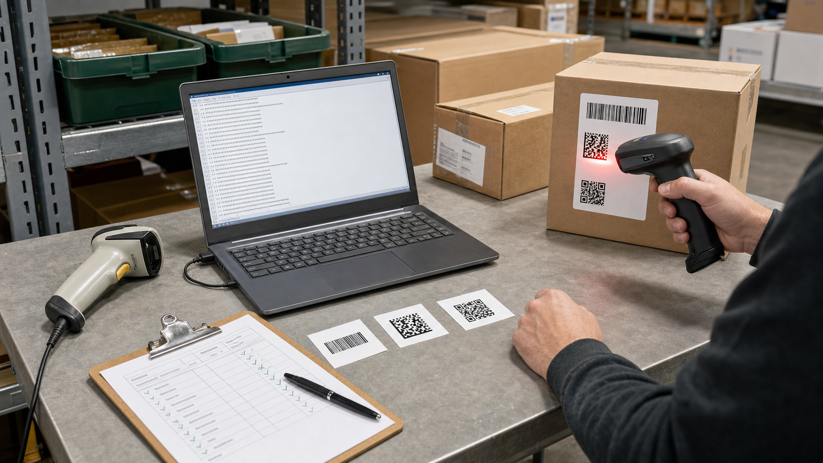 Small warehouse testing an older 1D scanner and modern 2D imaging scanner with linear, Data Matrix, and QR-style sample labels
