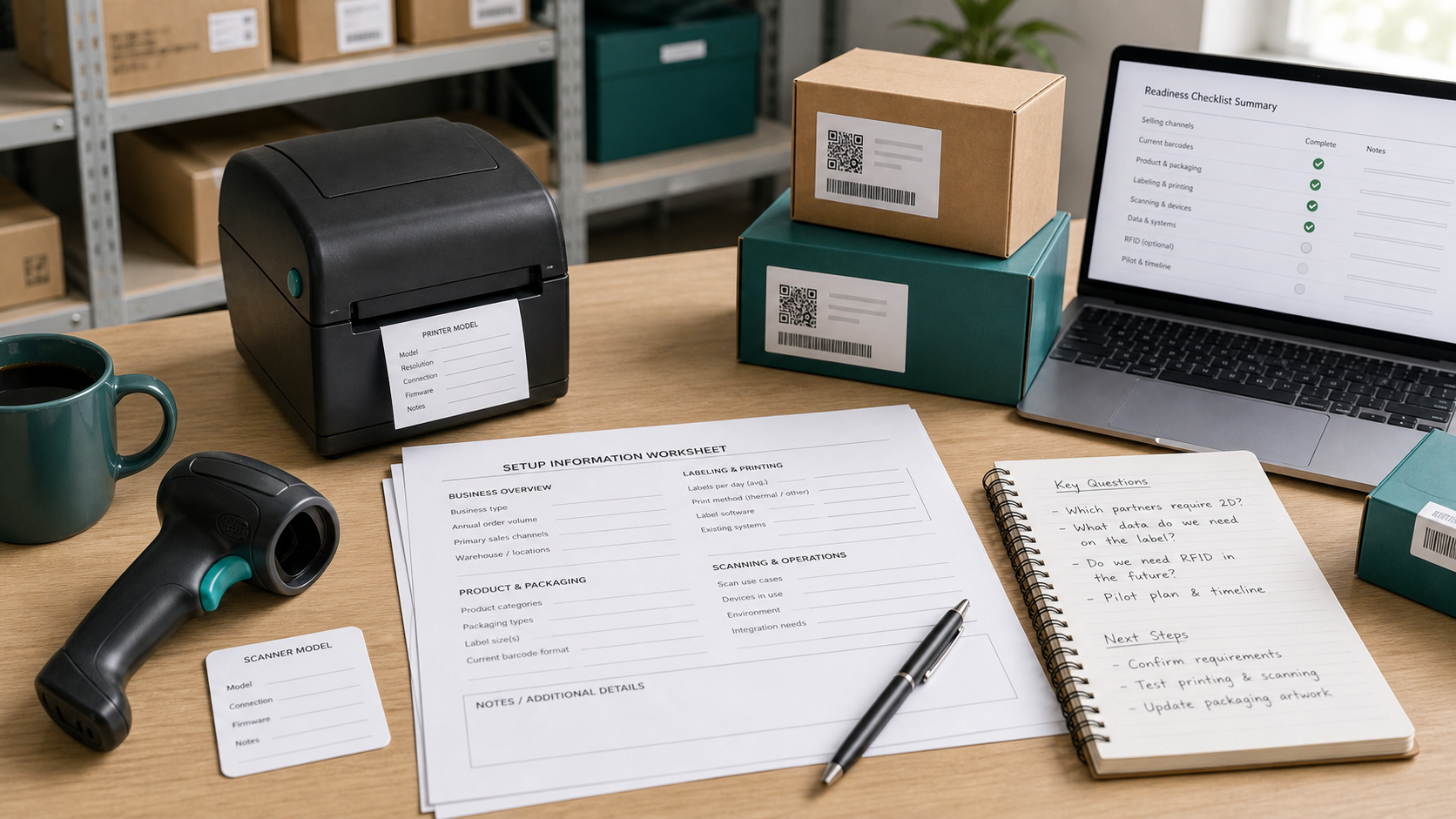 Product identifier worksheet with barcode labels, product records, and a scanner for a catalog mapping review
