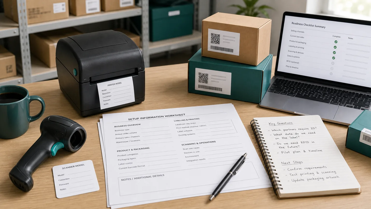 Setup information worksheet with scanner, printer, cartons, notes, and laptop readiness checklist