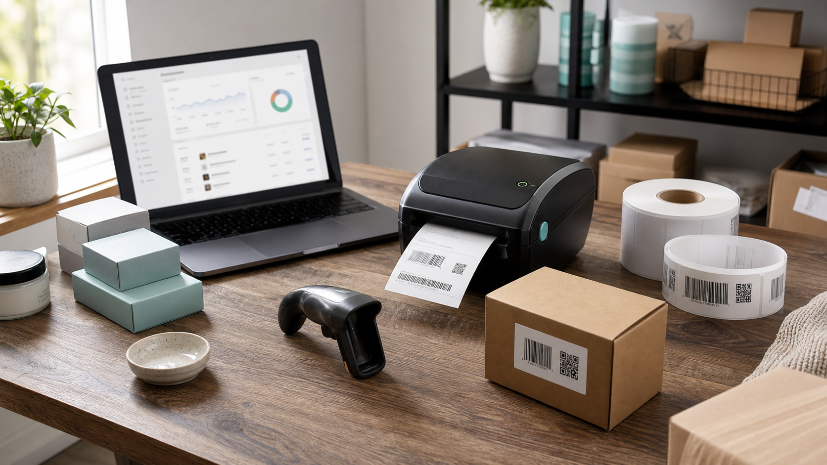 Small DTC packing workstation with ecommerce dashboard, thermal label printer, 2D barcode scanner, label rolls, and product boxes