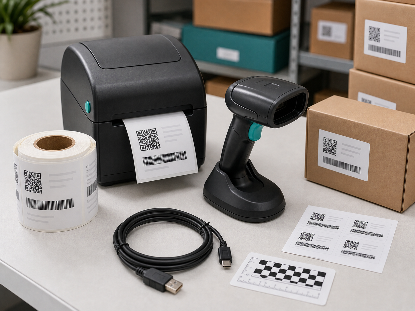 Thermal label printer, barcode scanner, label roll, and cartons prepared for a barcode workflow test