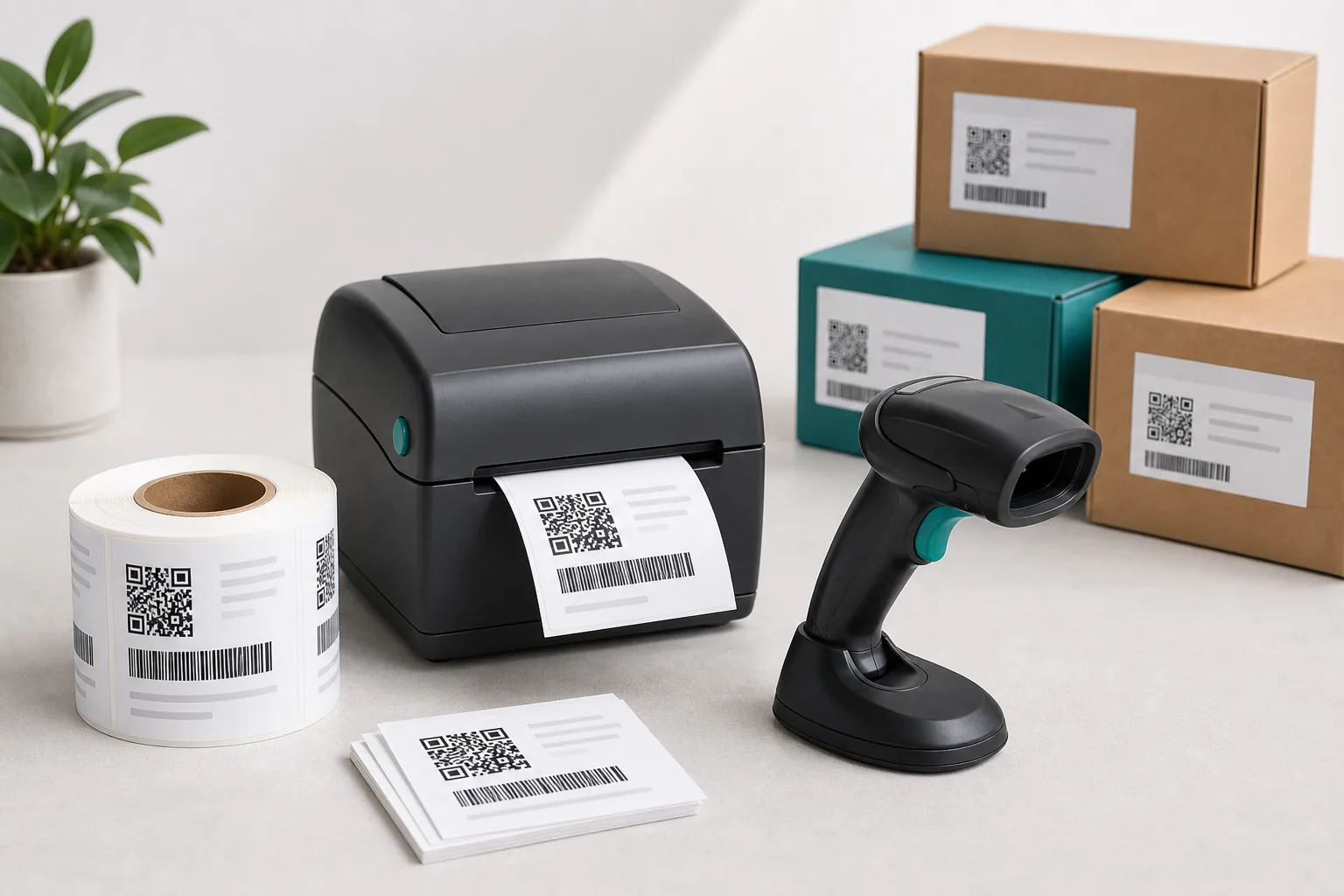 Starter kit hardware with thermal label printer, scanner, label roll, and labeled boxes