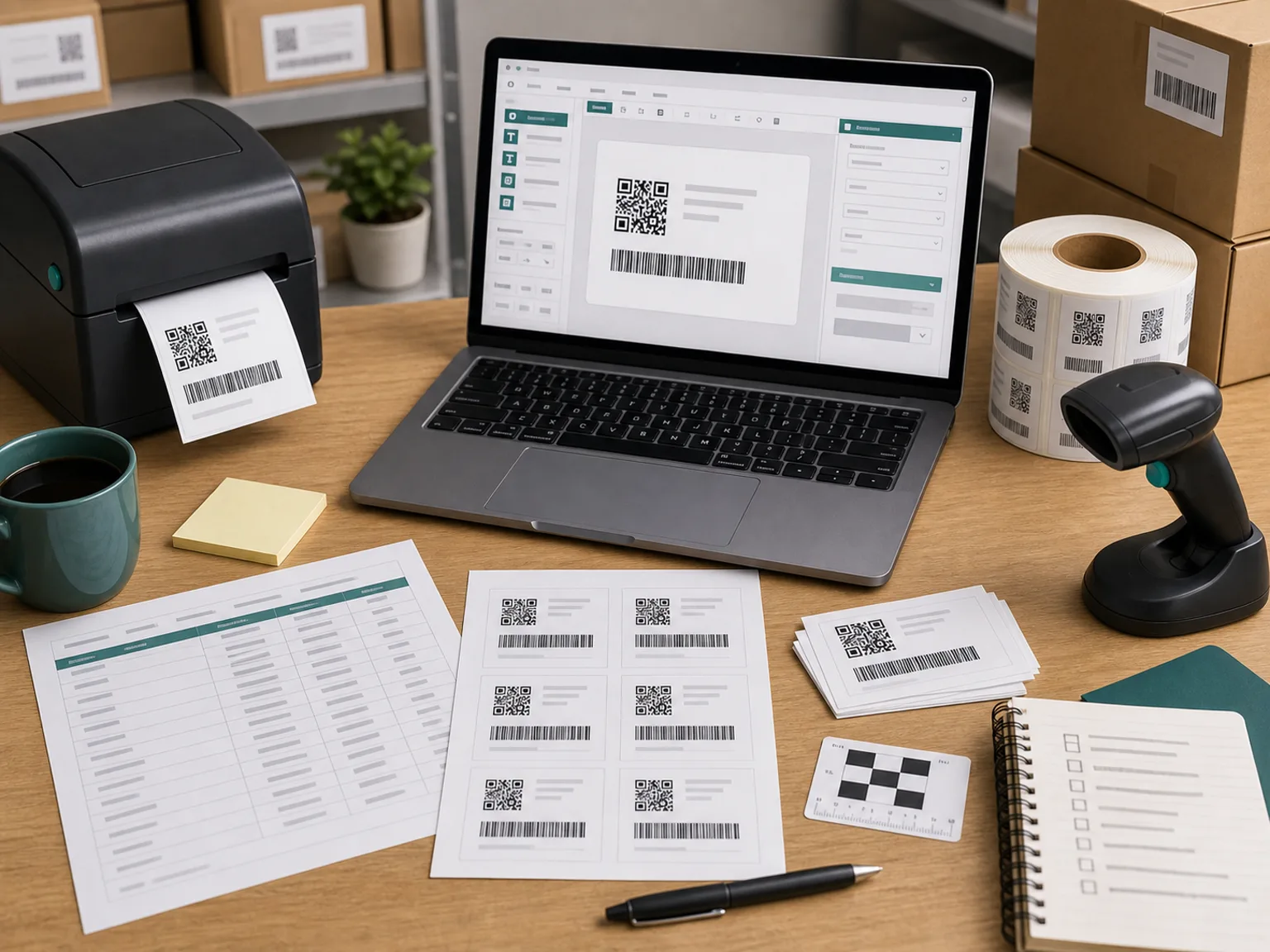Starter kit software and data workflow with laptop label software, SKU data sheet, printed test labels, label roll, and cartons