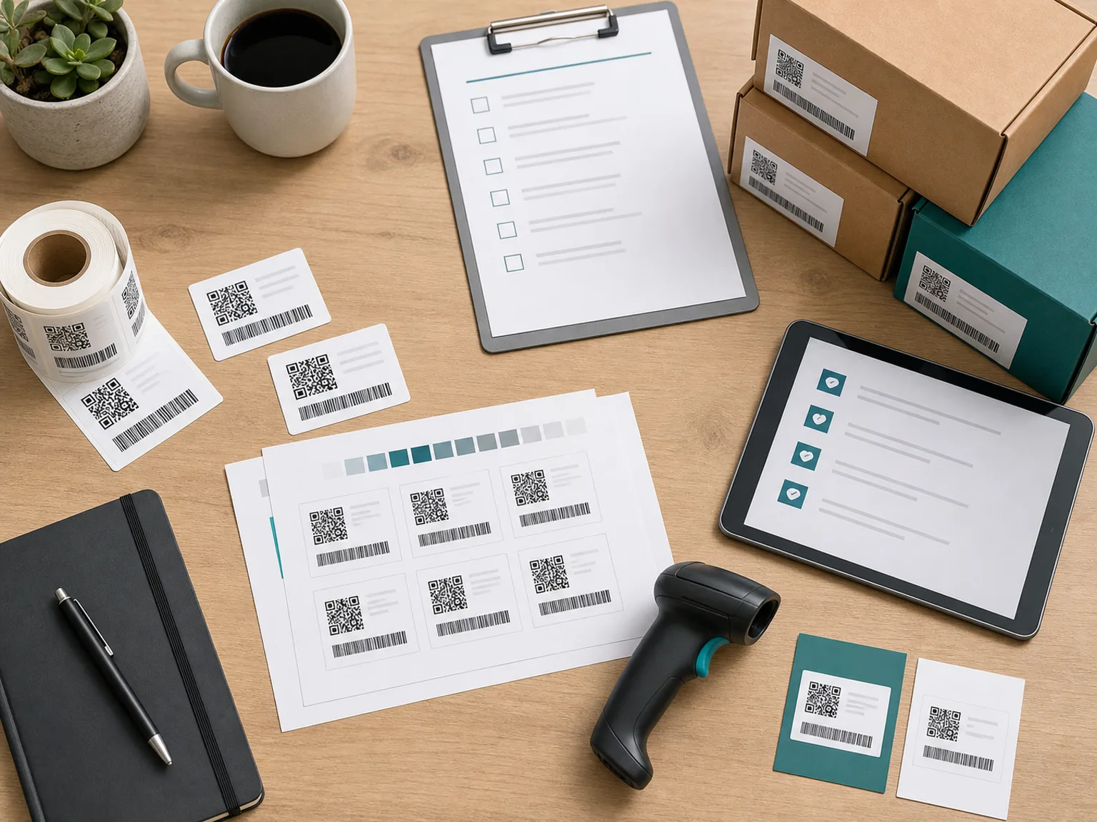 A barcode readiness checklist with UPC labels, 2D barcode proofs, packaging boxes, and scanner