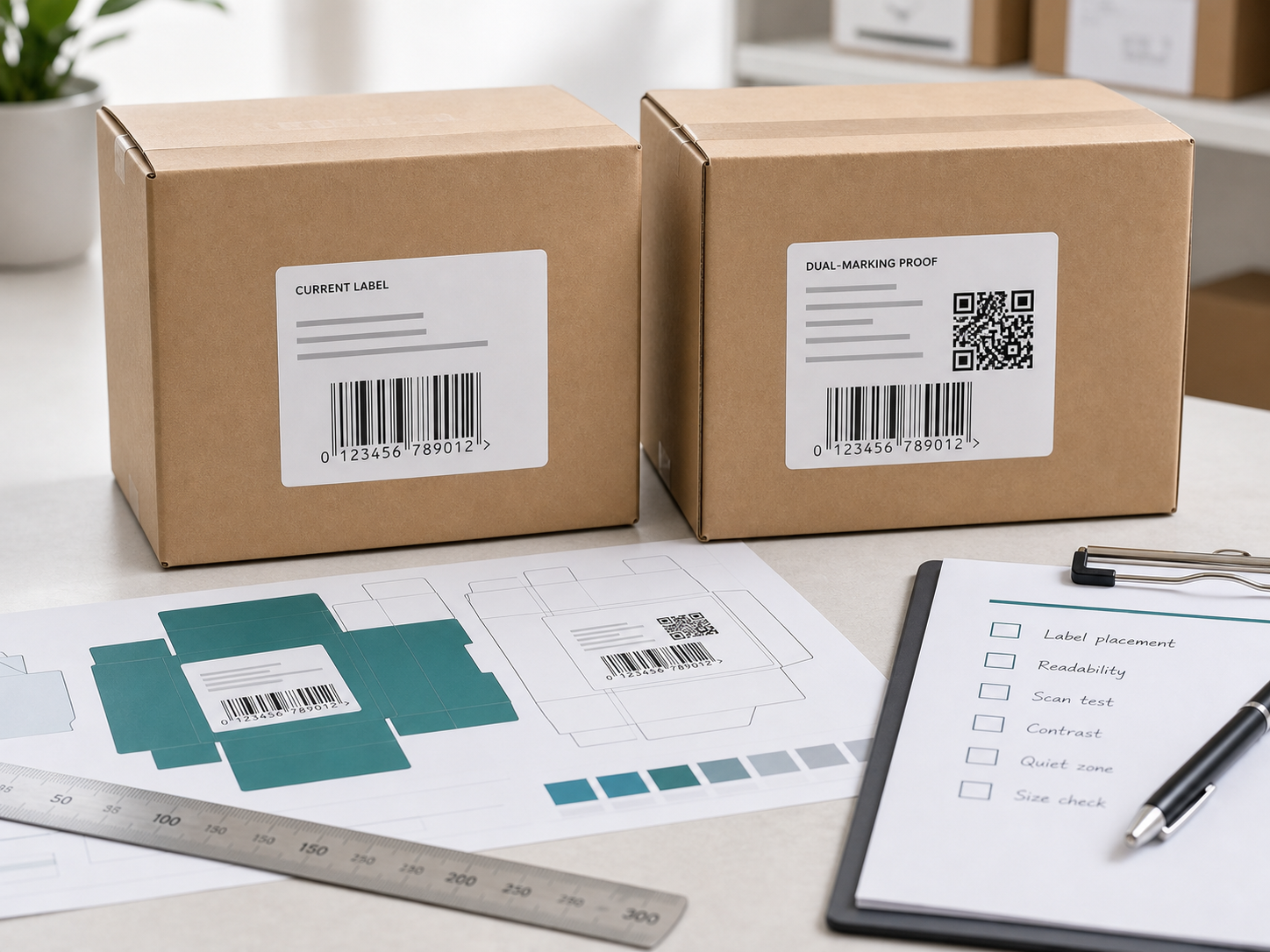 Retail packages with barcode labels prepared for a product identifier and label workflow review