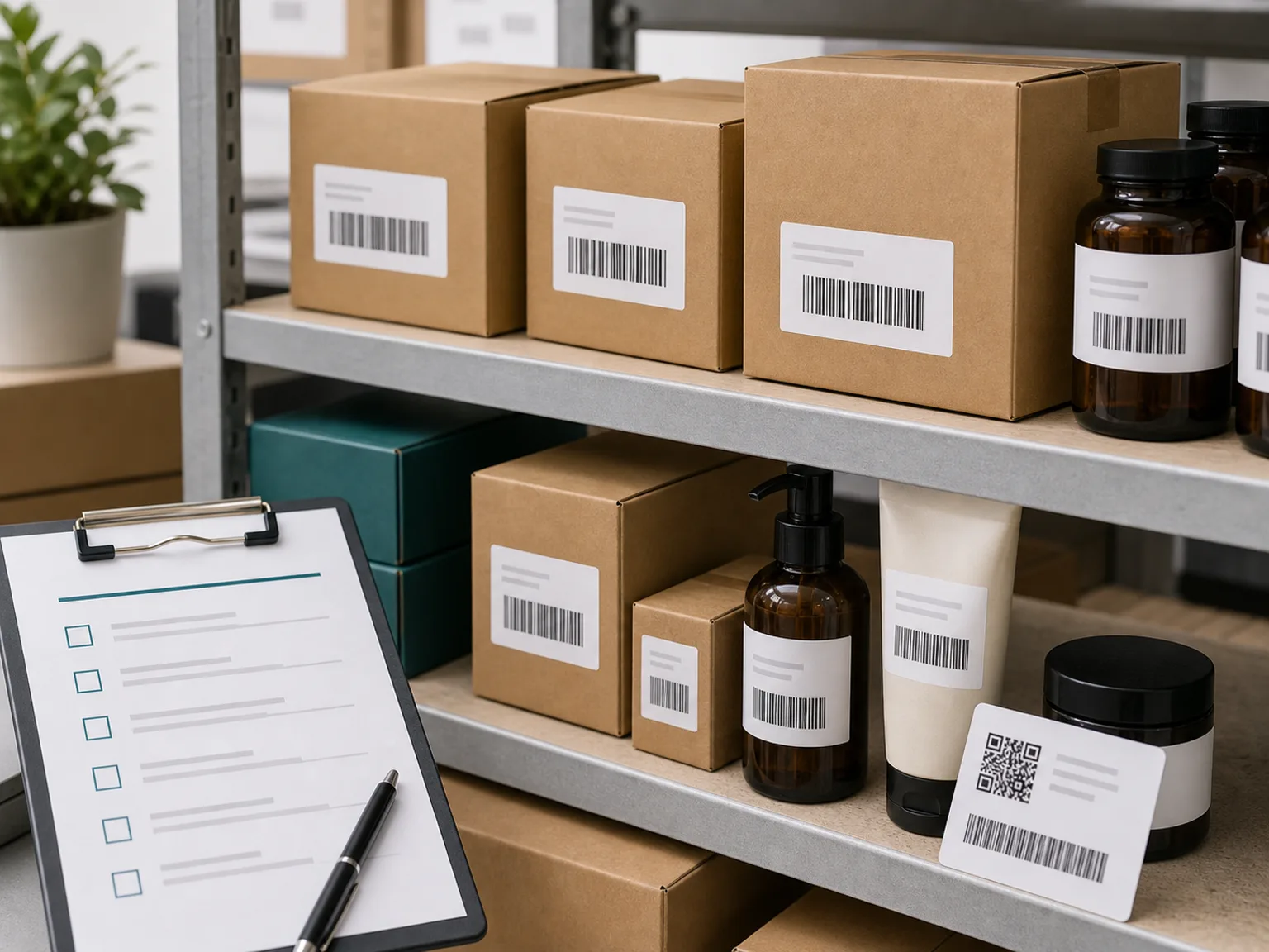 Retail packaging shelf review with existing UPC labels on cartons and bottles plus a small future 2D test label